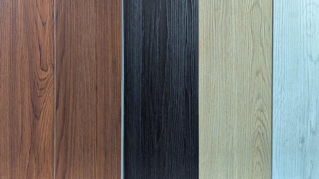 Various wood texture samples displayed in a supermarket, offered as options for flooring or wall panels, featuring natural grain patterns for home and interior building materials