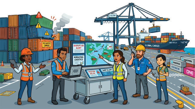 Diverse logistics team managing shipping disruptions at a busy container port terminal with digital monitoring system and cargo ship in the background vector illustration
