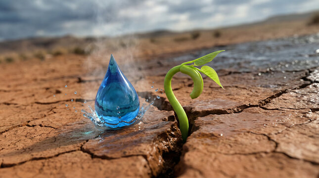 Rain-Triggered Life: Seedling Emerges from Dry Soil with Dewdrop