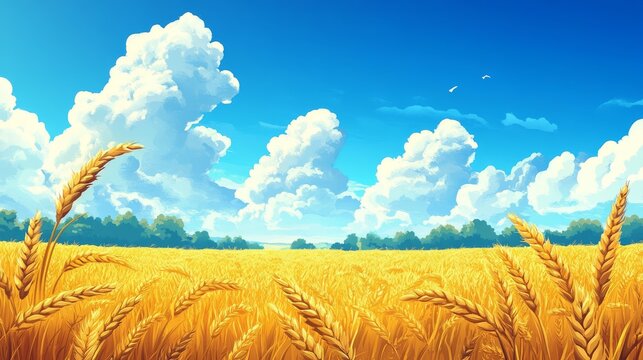 Golden wheat meadow in stylized isometric design, realistic shading, fluffy clouds above, perfect for agricultural advertising scenes
