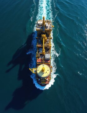 Aerial view of giant yellow FPSO vessel sailing on deep blue sea. This massive offshore platform is used for oil, gas production, storage. Maritime industry transport complex equipment across ocean.