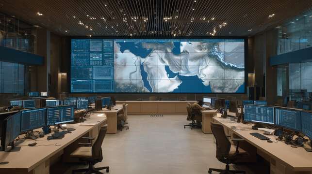 Wide establishing view of national cyber defense command center during simulated nation state attack exercise, red and blue team operators across massive open floor, incident response drill, militar