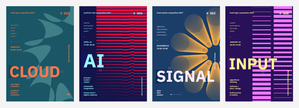 Abstract Tech Poster Templates. Dynamic tech banners with futuristic gradients and digital wave patterns. Modern backgrounds for cloud AI digital signal technology flyers, presentation, digital media.