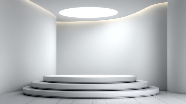 Minimalist stage design with circular platform, white walls, soft lighting, modern architecture, clean lines, and serene atmosphere