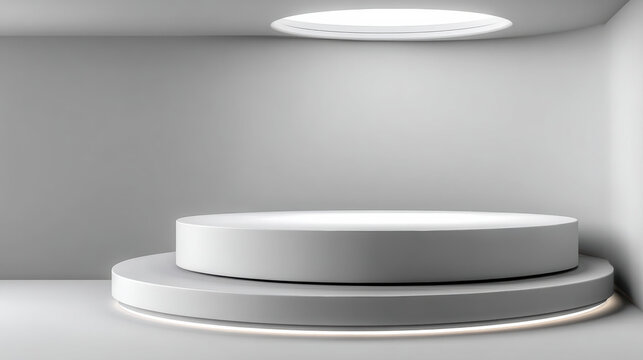 Minimalist stage design circular platform modern interior white wall soft lighting clean lines empty space contemporary style