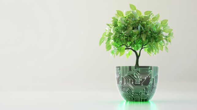 Small tree with bright green leaves growing from a futuristic digital plant pot made of glowing circuit patterns, white background, concept of green computing