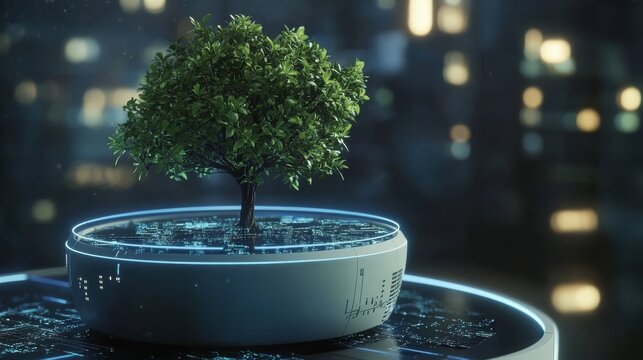 High-tech flowerpot with integrated microchips and data lines, nurturing a thriving tree, clean minimalist eco-technology visual