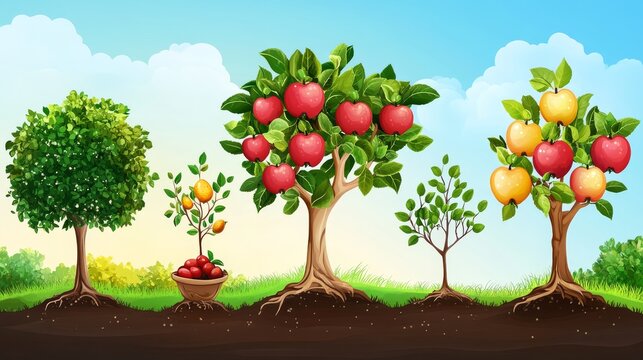 Colorful vector illustration showing full tree growth stages from seed germination to fruit-bearing apple tree, cartoon garden style