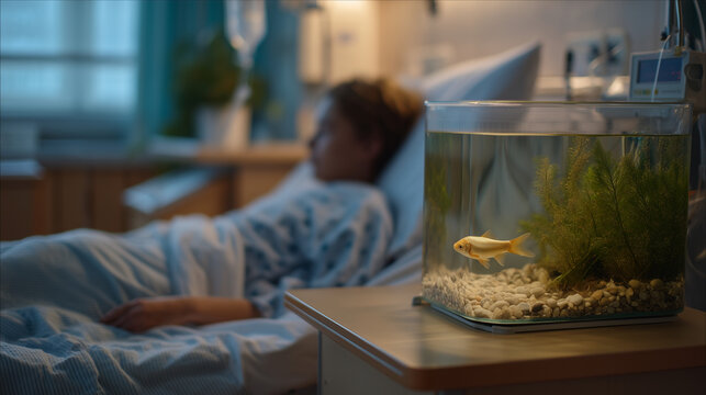 hospital ward where pediatric patient in bed has small desktop aquarium on bedside table, fish tank soft glow, childhood illness comfort, healing environment, marine life therapy, warm clinical ligh