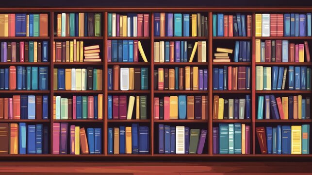Flat vector illustration of a large wooden bookshelf filled with novels, encyclopedias, and educational books, neat and color-coded