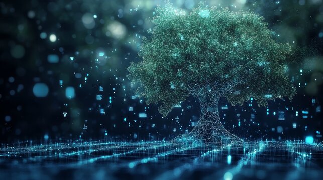 Tech-inspired hologram of a tree with luminous polygon shapes, floating data points, concept of bioengineering in digital form