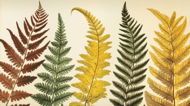 Vintage botanical chromolithograph showing multiple fern species in different leaf colors&acirc;&euro;&rdquo;green, yellow, and brown&acirc;&euro;&rdquo;labeled with Latin names