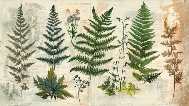 Retro botanical print of ferns in different growth stages and colors, featuring intricate sketches and textures, old textbook style