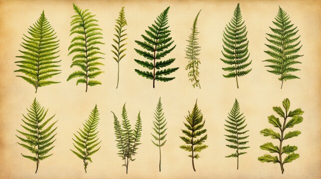 Collection of fern species hand-drawn in vintage chromolithograph technique, arranged symmetrically on parchment background