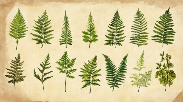 Collection of fern species hand-drawn in vintage chromolithograph technique, arranged symmetrically on parchment background
