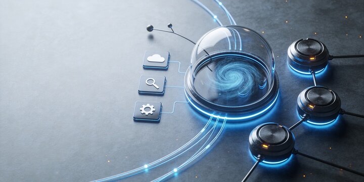 Controlled Anomaly Risk Monitoring Technology Header With Transparent Containment Chamber Blue Data Nodes And Wide Copy Space