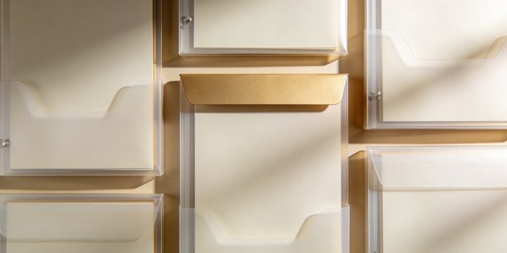 Blank corporate report folders with frosted sleeves and muted gold tab, elegant office document background with copy space for business presentation cover