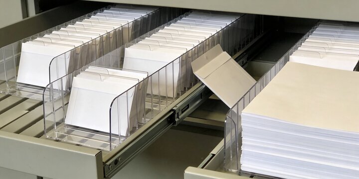 Blank document trays with clear dividers showing contingency planning workflow and organized office file routing