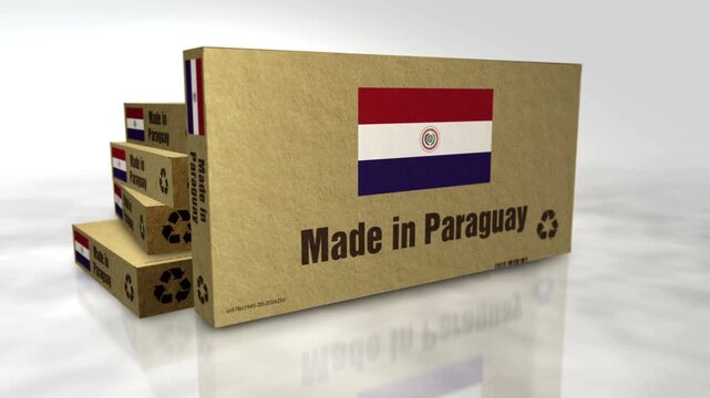 Made in Paraguay box. Paraguayan export import Cardboard pack abstract concept animation. 3D view with the camera moving around.