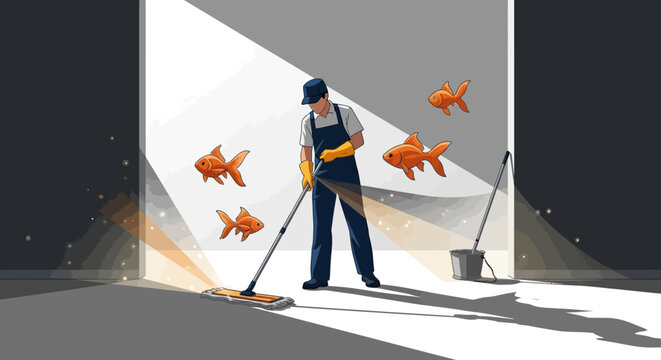 A janitor mops a floor while several goldfish float in the air, illuminated by a bright doorway.