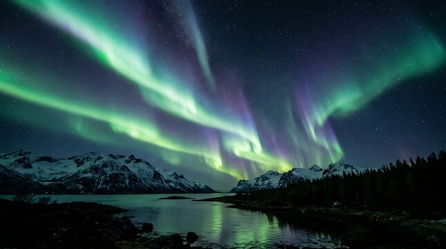 Green and purple northern lights glow over snowy mountains and still water.