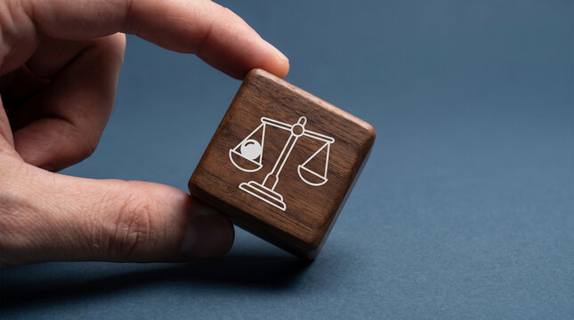 A wooden cube with a tilted uneven scale icon held by hand on a deep slate-blue background, symbolizing cognitive bias and decision distortion.