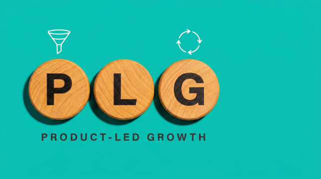 Three natural wood discs spelling PLG with a product funnel and viral loop icon above on a vivid electric-teal background for product-led growth.