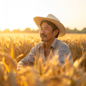 elderly farmer standing in a wheat field wearing a hat and smiling in summer countryside with green farm and blue sky