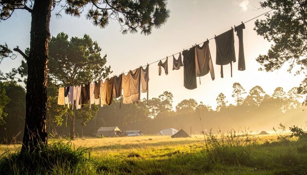 Clean laundry hanging on a clothesline strung between trees in a sunny field at a campsite, capturing a peaceful and rustic atmosphere in the soft morning light.