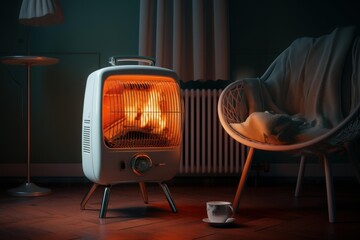 Naklejka premium Cozy room interior is being warmed by electric heater, with empty chair and cup of tea suggesting relaxing atmosphere