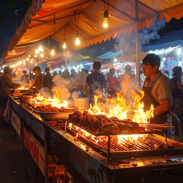 Meat grilling over a warm cozy fire with glowing flames and smoke at night