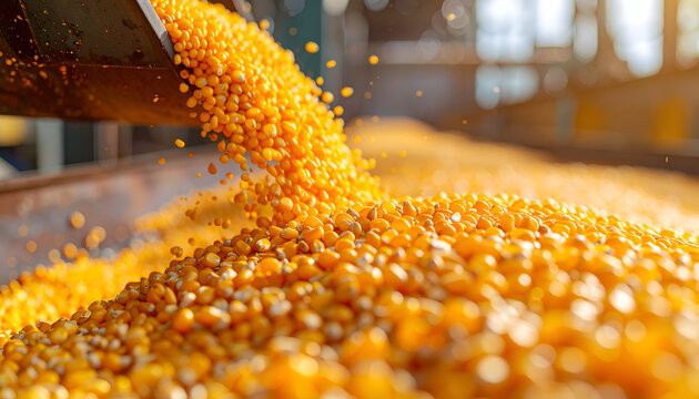 Close-up of golden corn kernels being poured from a metal chute into a large pile, representing agriculture and food production.
