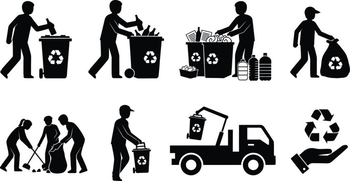 People recycling waste and sorting trash properly isolated on white background, Vector