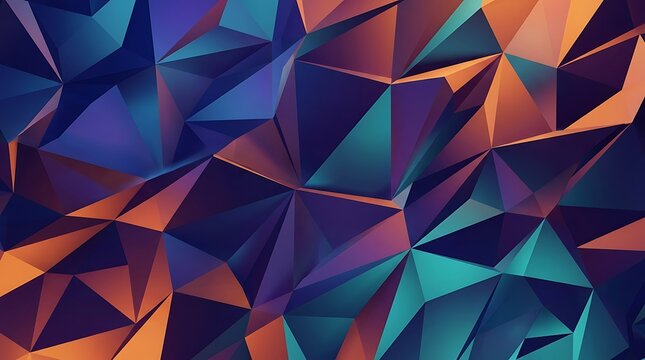 A vibrant abstract low poly background shows diverse polygons in orange, blue, and teal.
