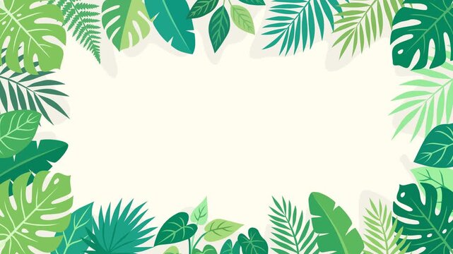 Tropical leaves border animation with copy space. Flat vector motion graphics of jungle plants and palm foliage appearing on cream background. Summer seasonal video background.