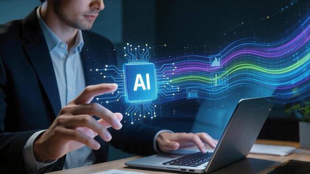 AI chip hologram interface with glowing data streams processing and technology for analytical charts and futuristic business