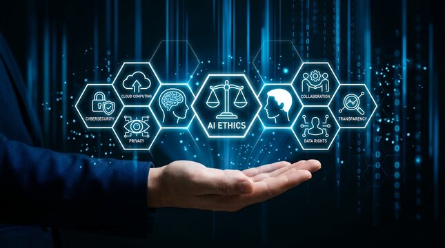 A businessman's outstretched hand supports a futuristic infographic of AI ethics featuring icons for cybersecurity privacy cloud computing collaboration transparency and data rights