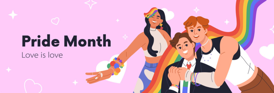 Happy Pride Month, horizontal background design with LGBTQ people celebrating. LGBT banner with rainbow celebration, queer, transgender, gay and lesbian love parade. Flat vector illustration