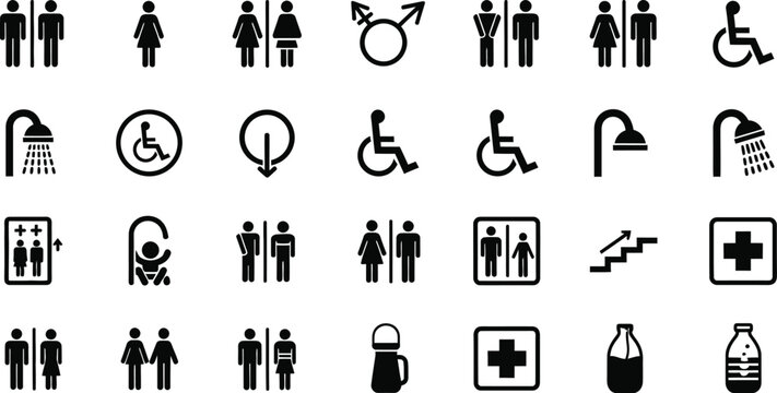 Public restroom icons and navigation symbols set, black minimalist bathroom signage vector, universal accessibility and facility wayfinding graphics