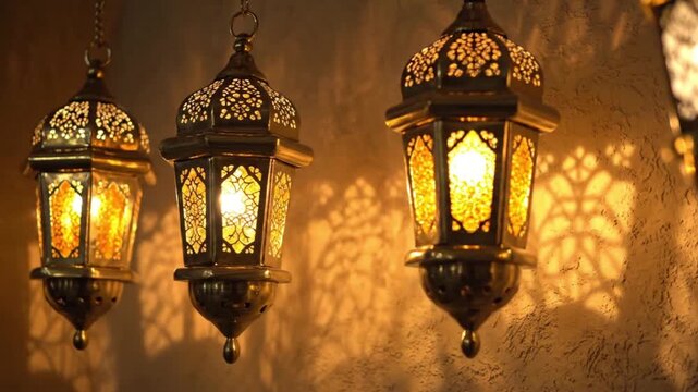 Hanging Lanterns Casting Warm Light and Shadows on a Wall