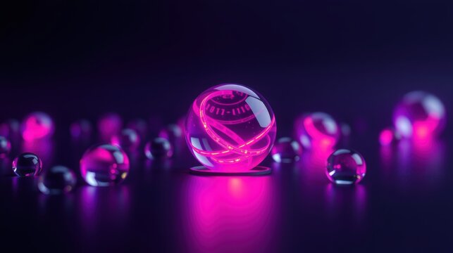 Glowing spheres illuminate dark background. Pink light reflects off surfaces creating vibrant, futuristic scene. Minimalist composition focuses on geometry.