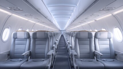 Obraz premium Empty commercial airplane cabin with unoccupied seats and calm lighting