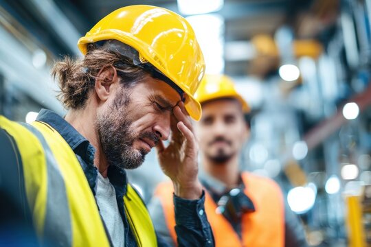 Emergency response on the factory floor: distressed worker aided by a colleague after a workplace incident
