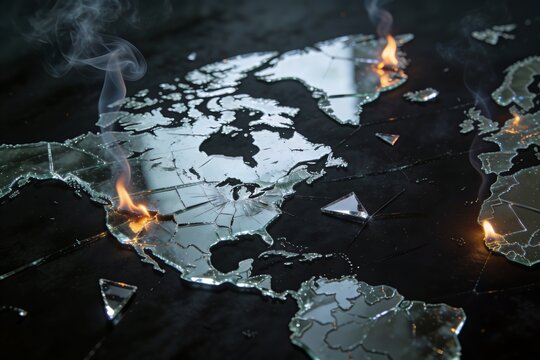 Generative Ai depicts a broken glass map of the world with flames and cracks