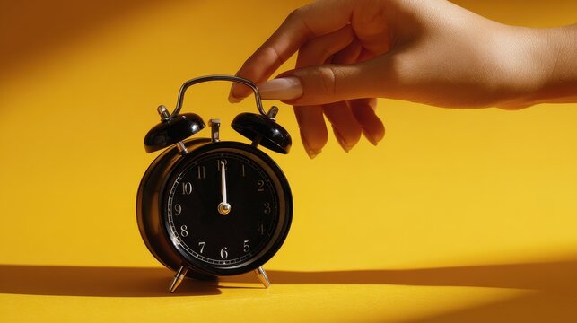 End of daylight saving time scene with a classic alarm clock and hands moving the time on a sunny yellow backdrop