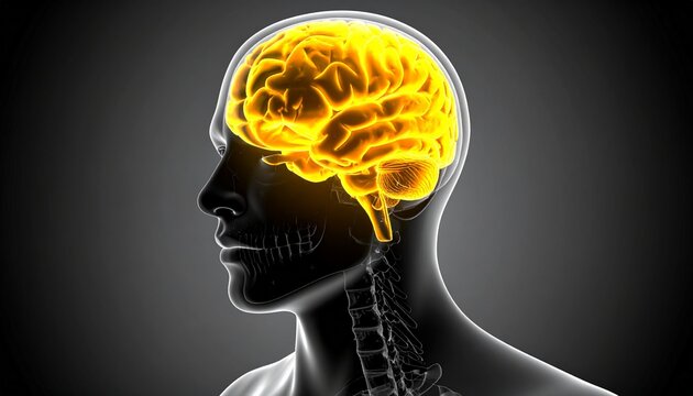 A semi-transparent human head with glowing yellow brain, symbolizing cognition, intelligence, neural activity, creativity, and the power of thought.