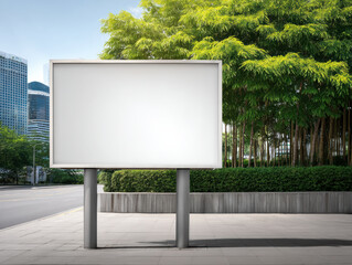 Fototapeta premium Empty white billboard outdoor advertising city street modern urban green trees blank sign sunlight summer copy space marketing