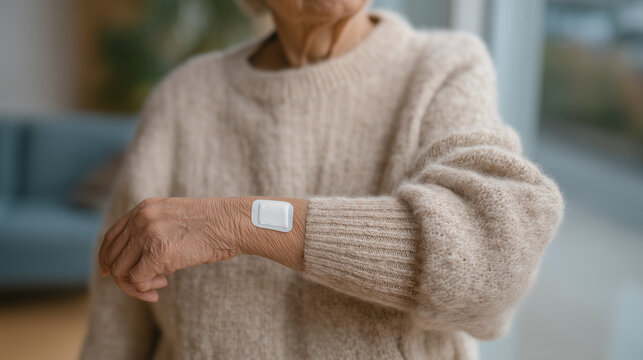 Elderly woman's forearm displaying both remote monitoring ECG patch and glucose sensor patch side by side, soft natural window light, comorbidity management senior multiple chronic conditions wearab