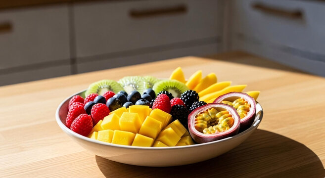 A bowl of mixed fresh fruit including mango, kiwi, berries and passionfruit on a kitchen table