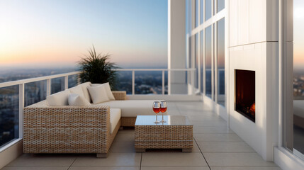 Naklejka premium Modern penthouse balcony with wicker sofa, glass table, fireplace, city view, sunset, and two wine glasses create cozy, luxurious atmosphere